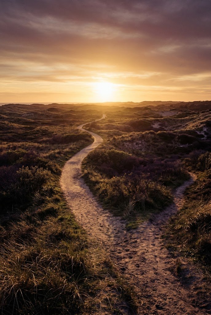 Un sentier se dégage clairement vers un horizon lumineux, malgré une bifurcation